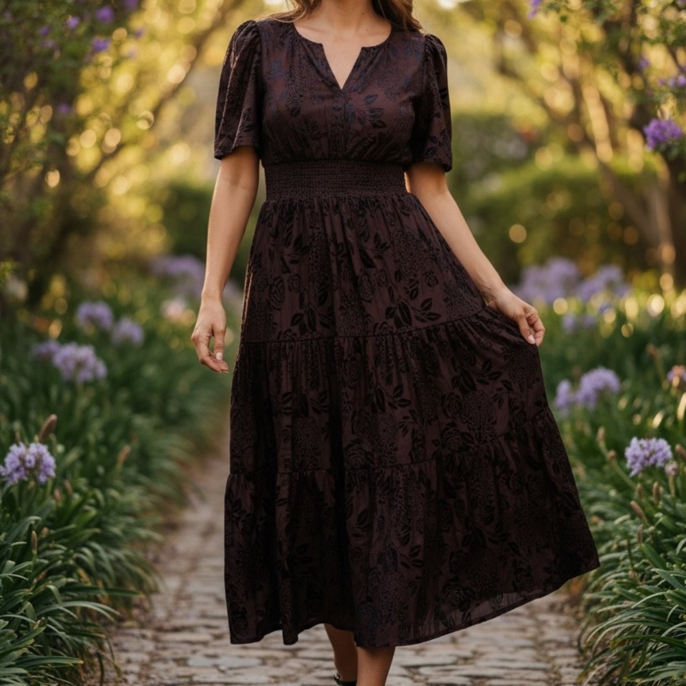 NWT Super Natural by Secret Mission Brown Baroque Velvet Reese Midi Dress Size M